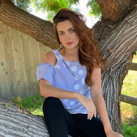 Eva Franco Anthropologie Polka Dot Top Ruffle Detail One Shoulder Striped - Picture 2 of 10